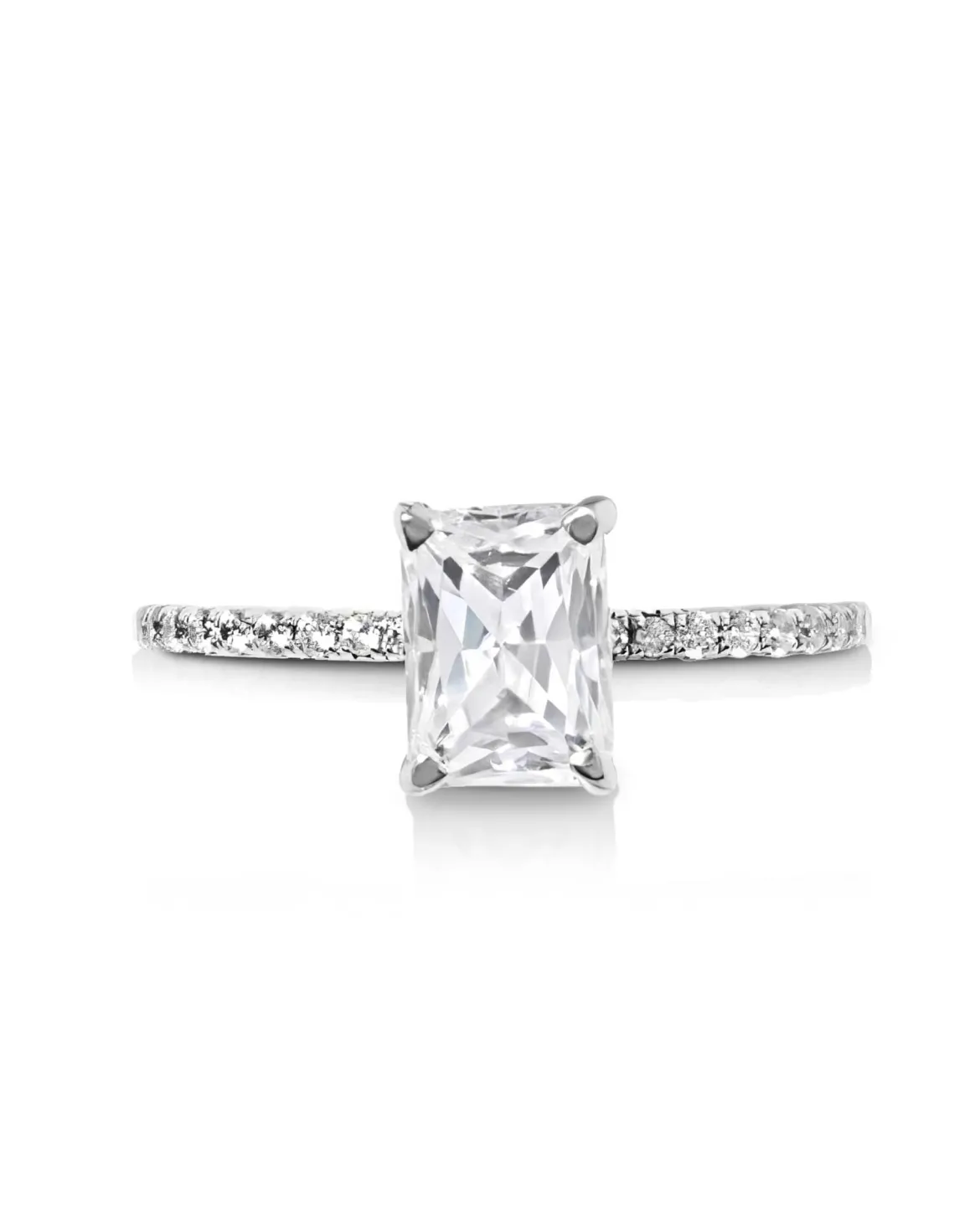 0.75 ct Solitaire N-S Emerald Engagement Ring with Pave Diamonds in 14k White Gold