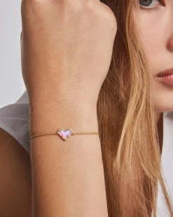 Ari Heart Gold Delicate Chain Bracelet in Bubblegum Pink Lab Grown Opal
