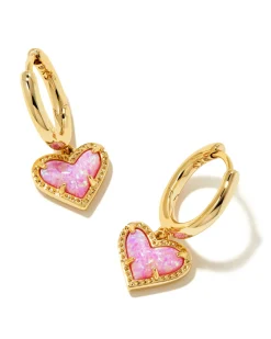 Ari Heart Gold Huggie Earrings in Bubblegum Pink Lab Grown Opal