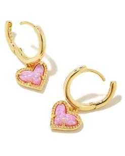 Ari Heart Gold Huggie Earrings in Bubblegum Pink Lab Grown Opal