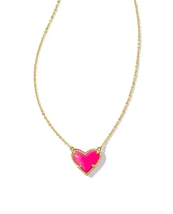 Ari Heart Gold Pendant Necklace in Neon Pink Magnesite