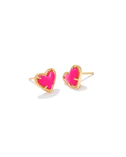 Ari Heart Gold Stud Earrings in Neon Pink Magnesite
