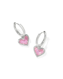 Ari Heart Silver Huggie Earrings in Pink Iridescent Glitter Glass