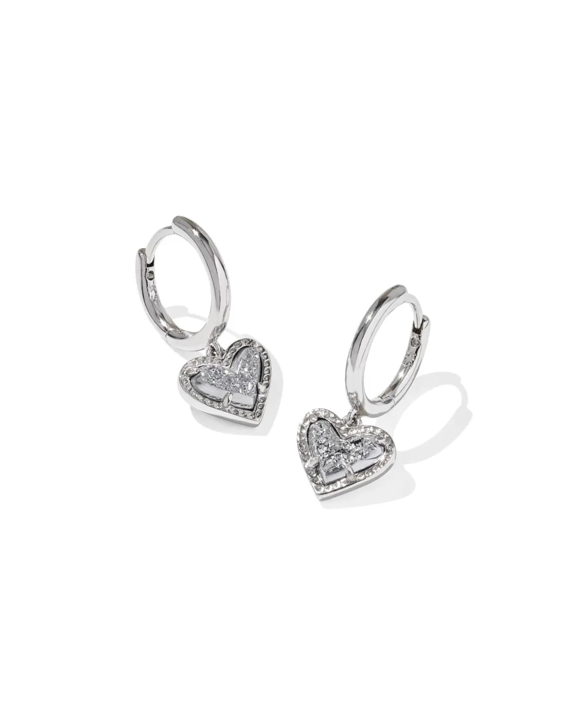 Ari Heart Silver Huggie Earrings in Platinum Drusy
