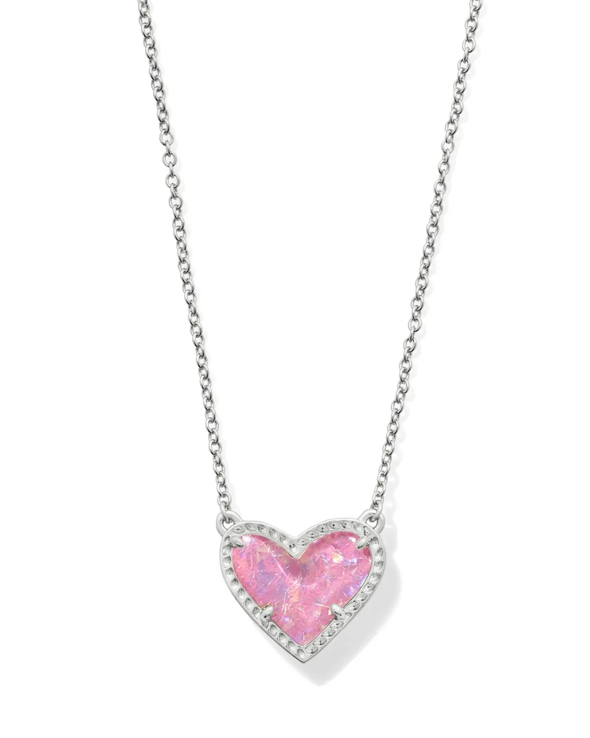 Ari Heart Silver Pendant Necklace in Pink Iridescent Glitter Glass