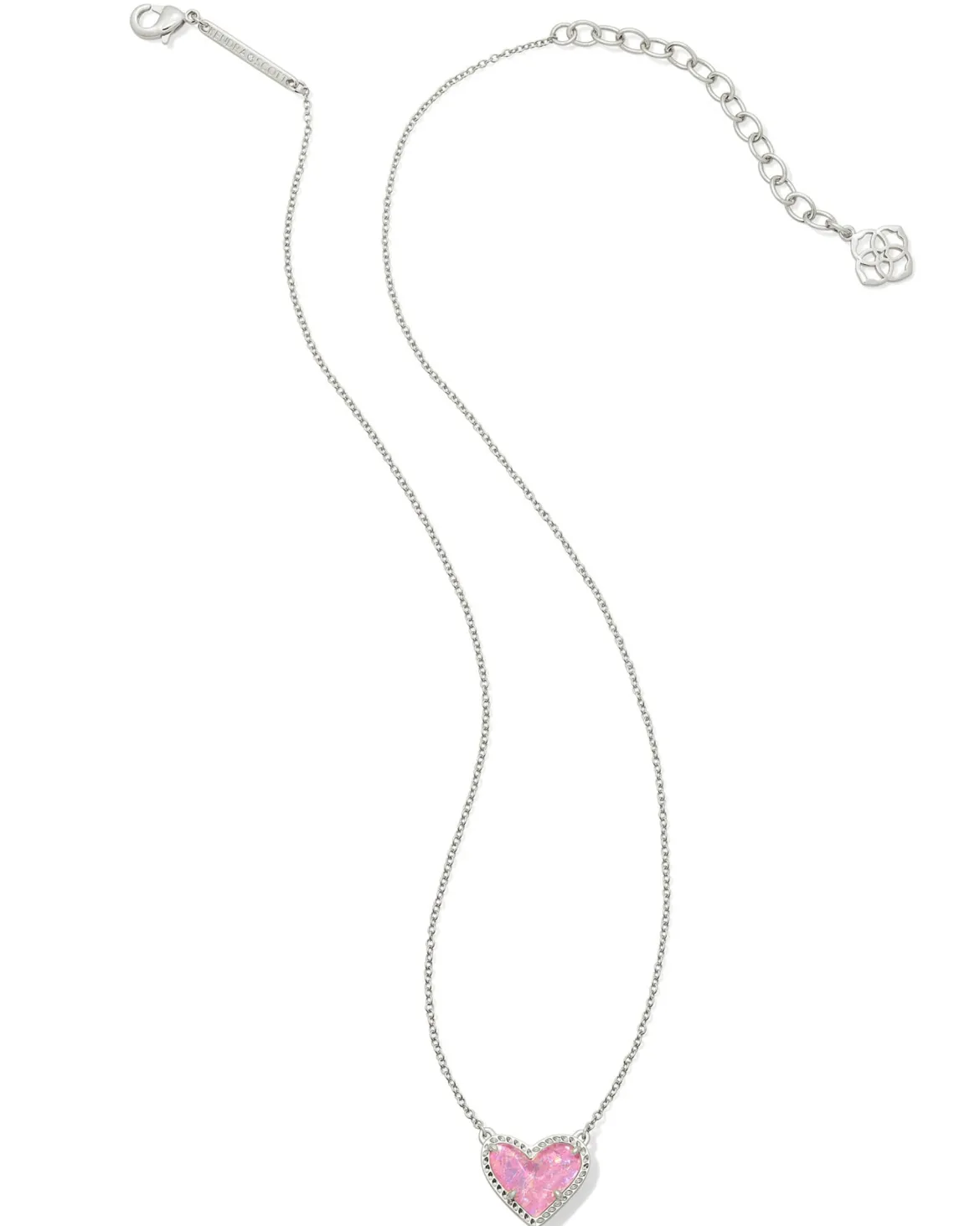 Ari Heart Silver Pendant Necklace in Pink Iridescent Glitter Glass