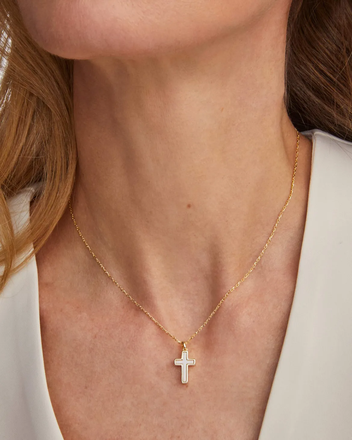 Cross Gold Pendant Necklace in White Lab Grown Opal