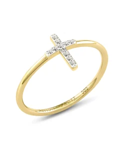 Cross 14k Yellow Gold Band Ring in White Diamond