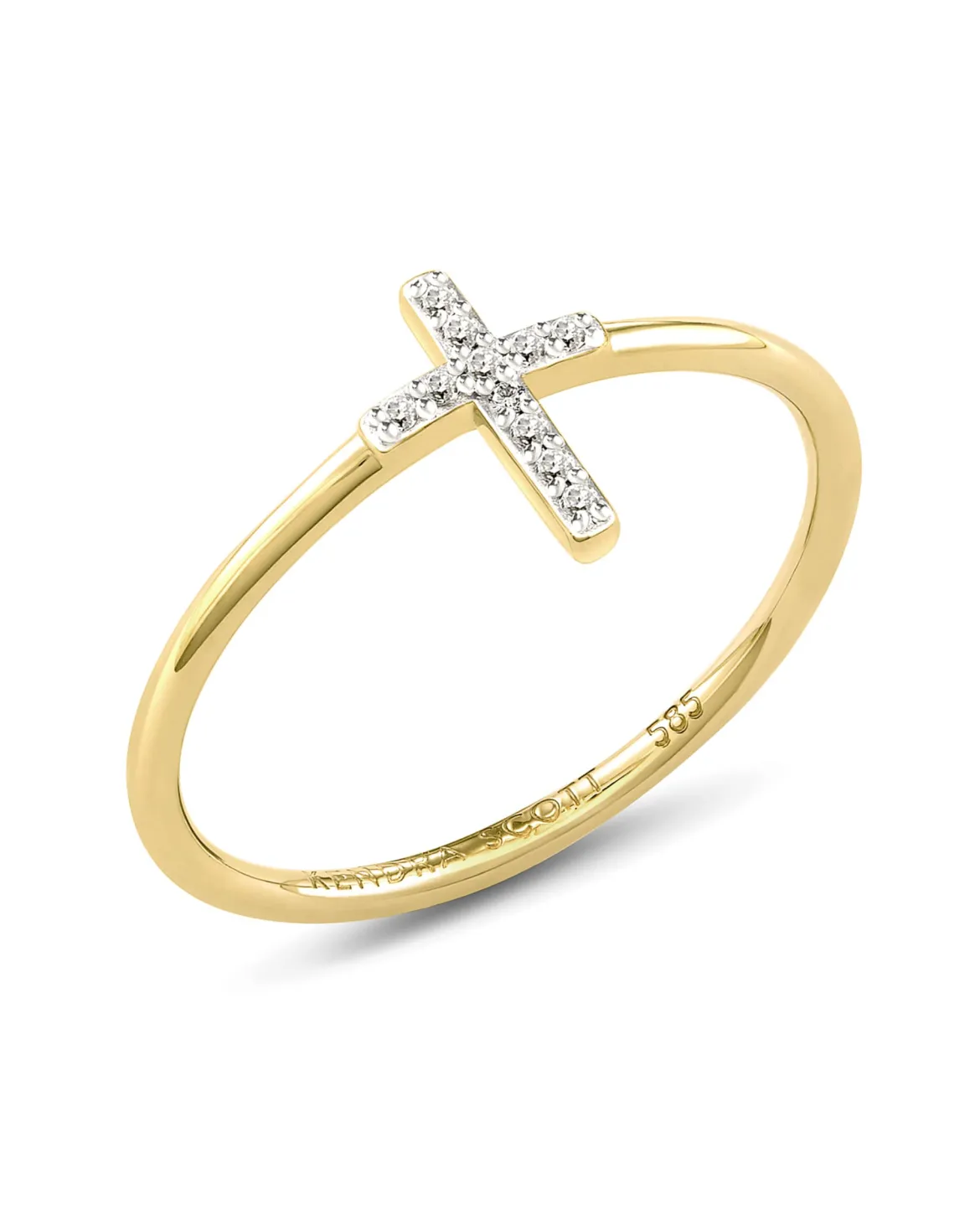 Cross 14k Yellow Gold Band Ring in White Diamond