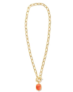 Daphne Convertible Gold Link and Chain Necklace in Coral Pink Mother-of-Pearl