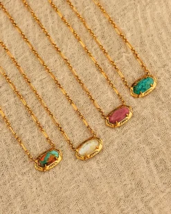 Elisa Vintage Gold Etch Frame Short Pendant Necklace in Blush Pink Quartzite