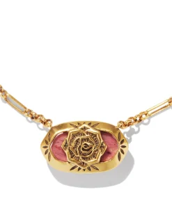 Elisa Vintage Gold Etch Frame Short Pendant Necklace in Blush Pink Quartzite