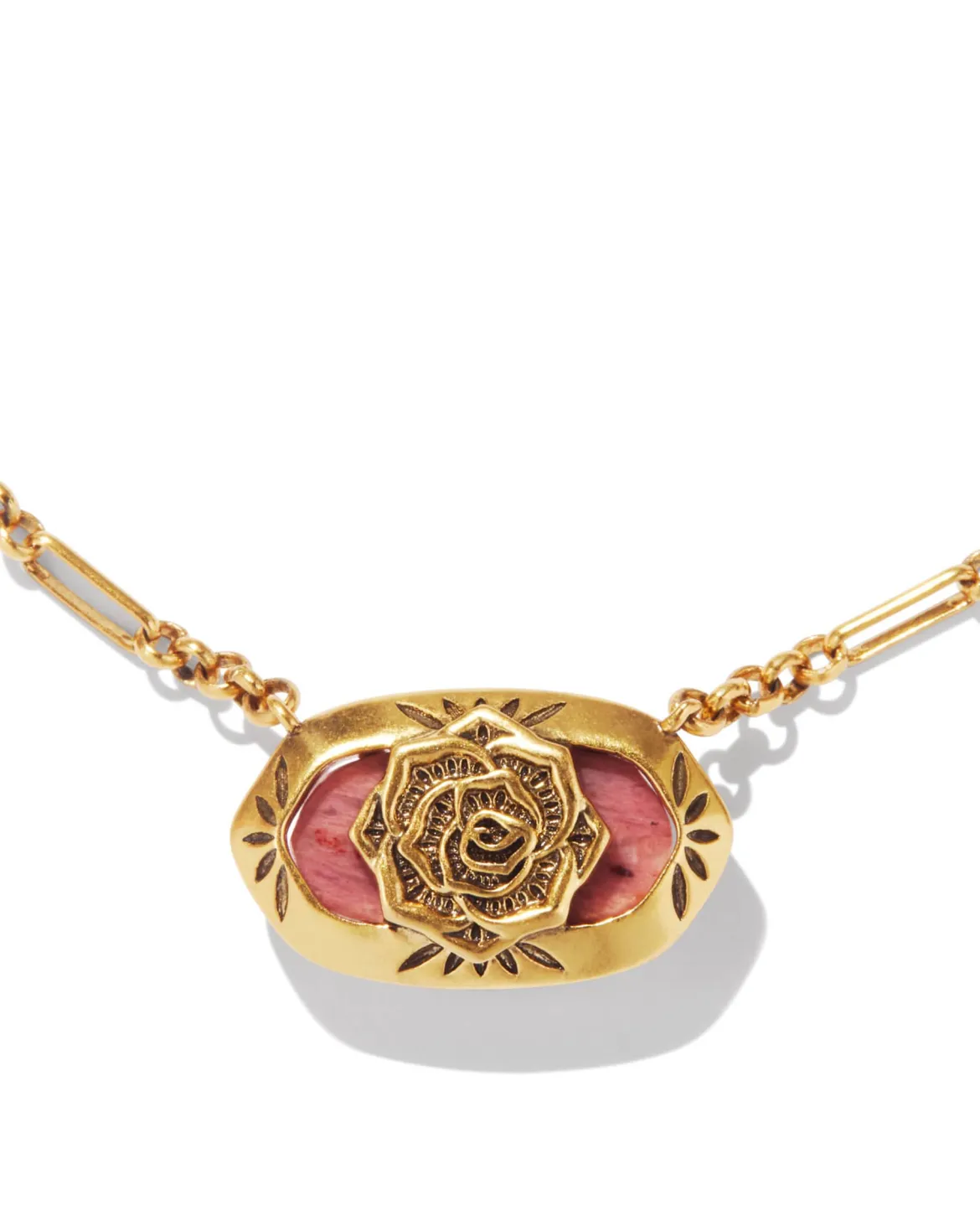 Elisa Vintage Gold Etch Frame Short Pendant Necklace in Blush Pink Quartzite
