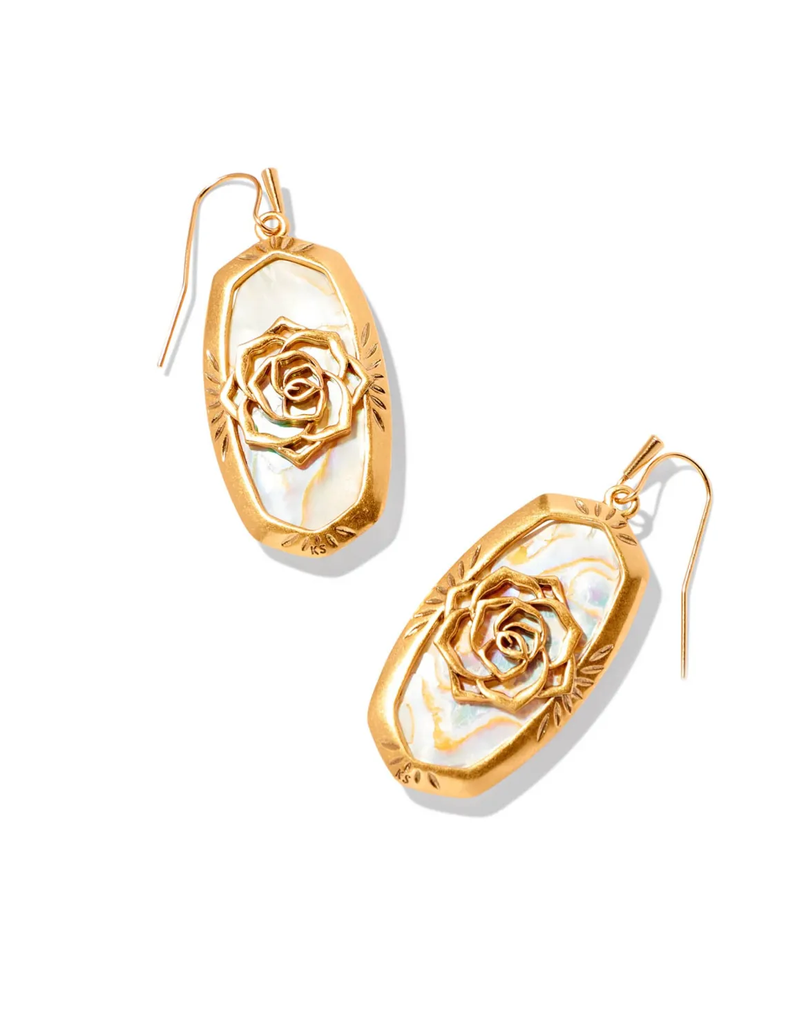 Elle Vintage Gold Etch Frame Drop Earrings in Iridescent Abalone