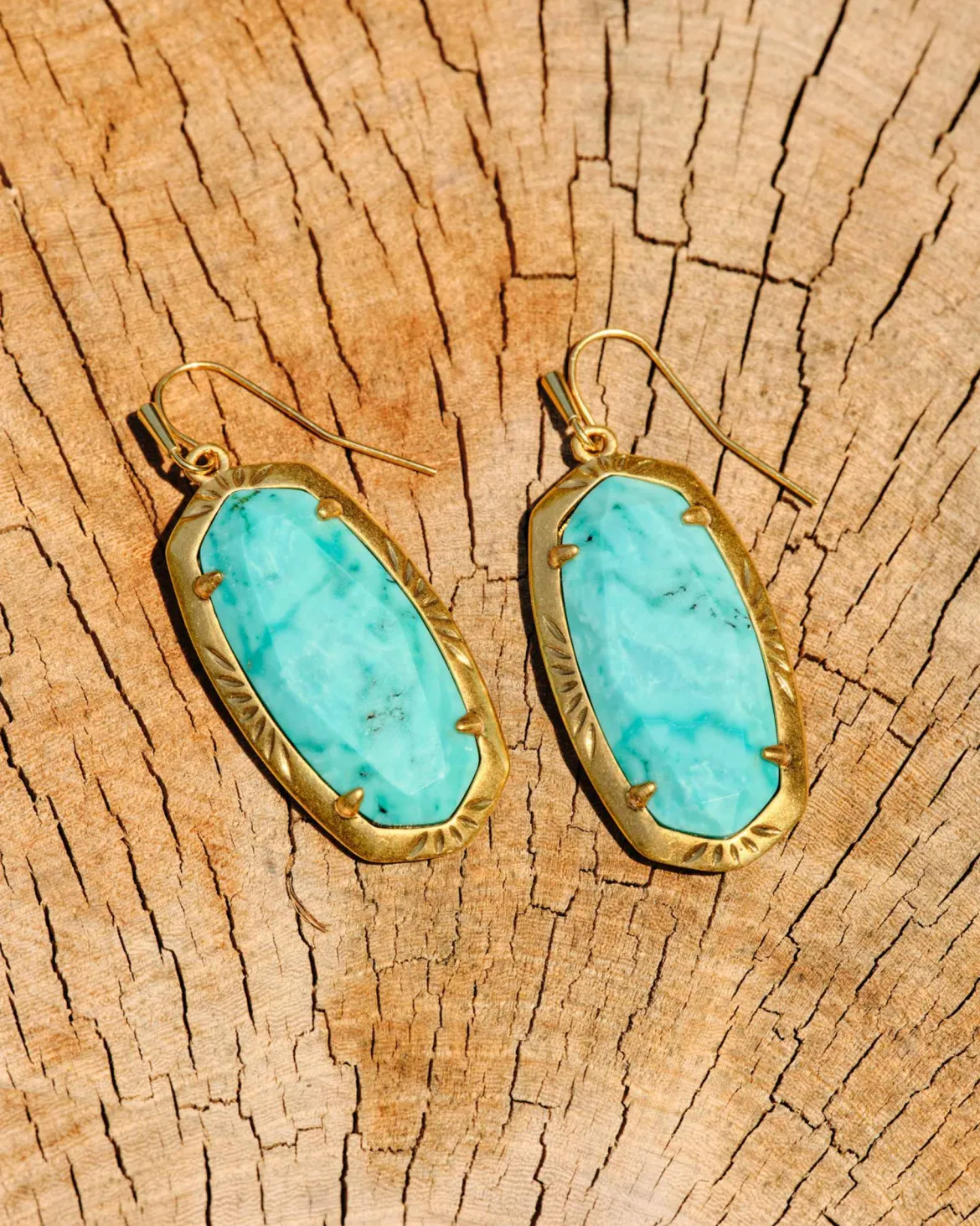 Elle Vintage Gold Etch Frame Drop Earrings in Variegated Turquoise Magnesite