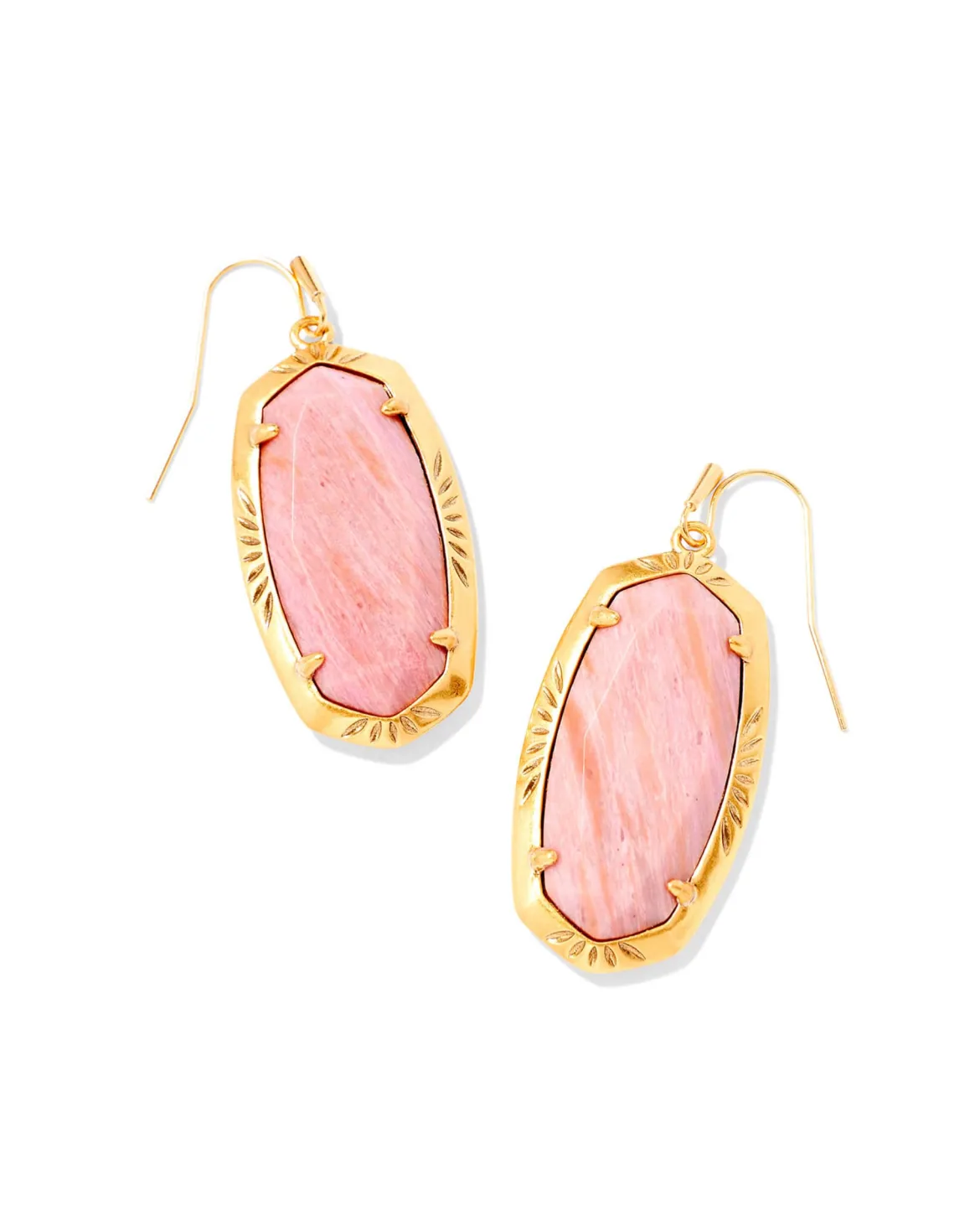 Elle Vintage Gold Etch Frame Drop Earrings in Blush Pink Quartzite