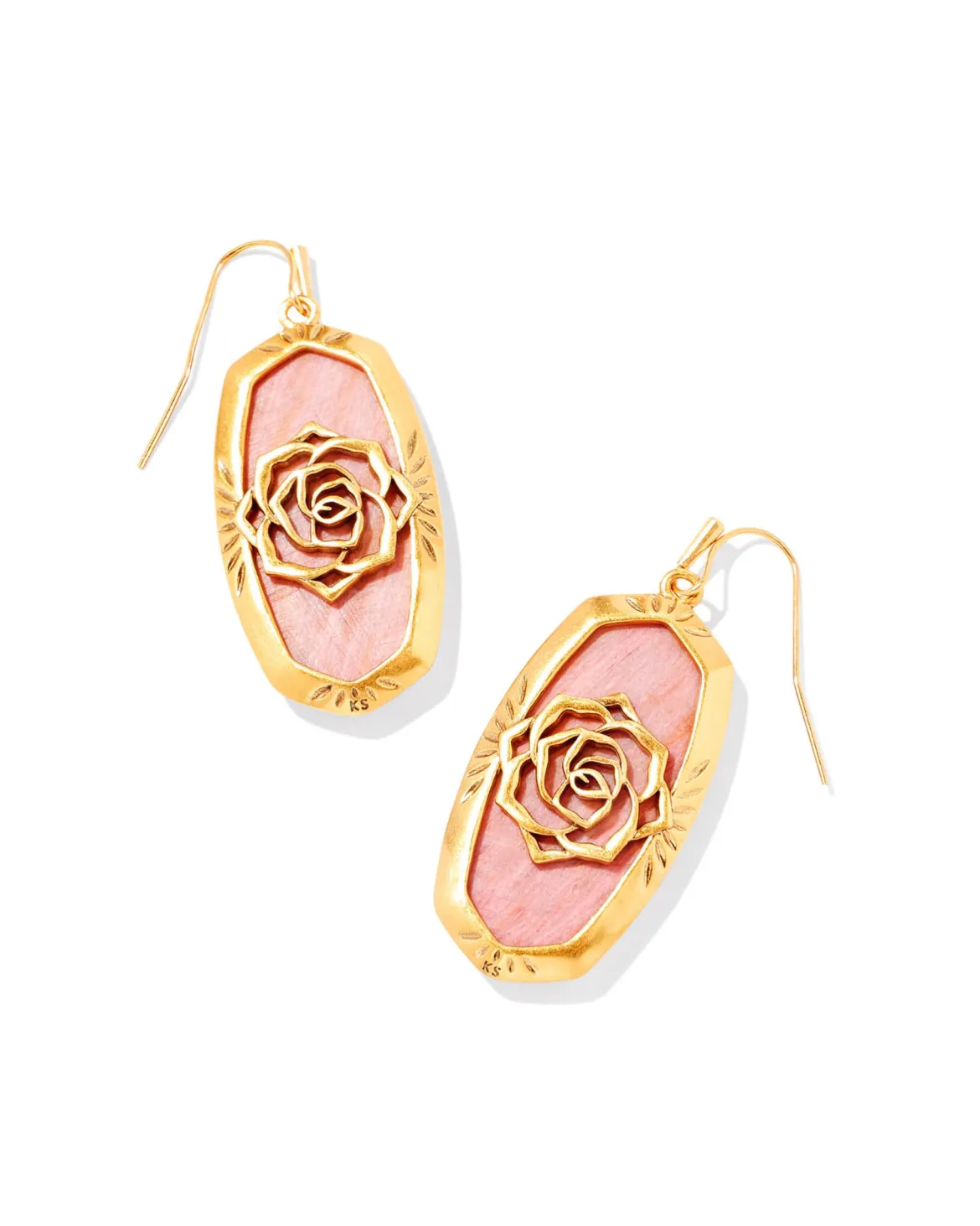 Elle Vintage Gold Etch Frame Drop Earrings in Blush Pink Quartzite