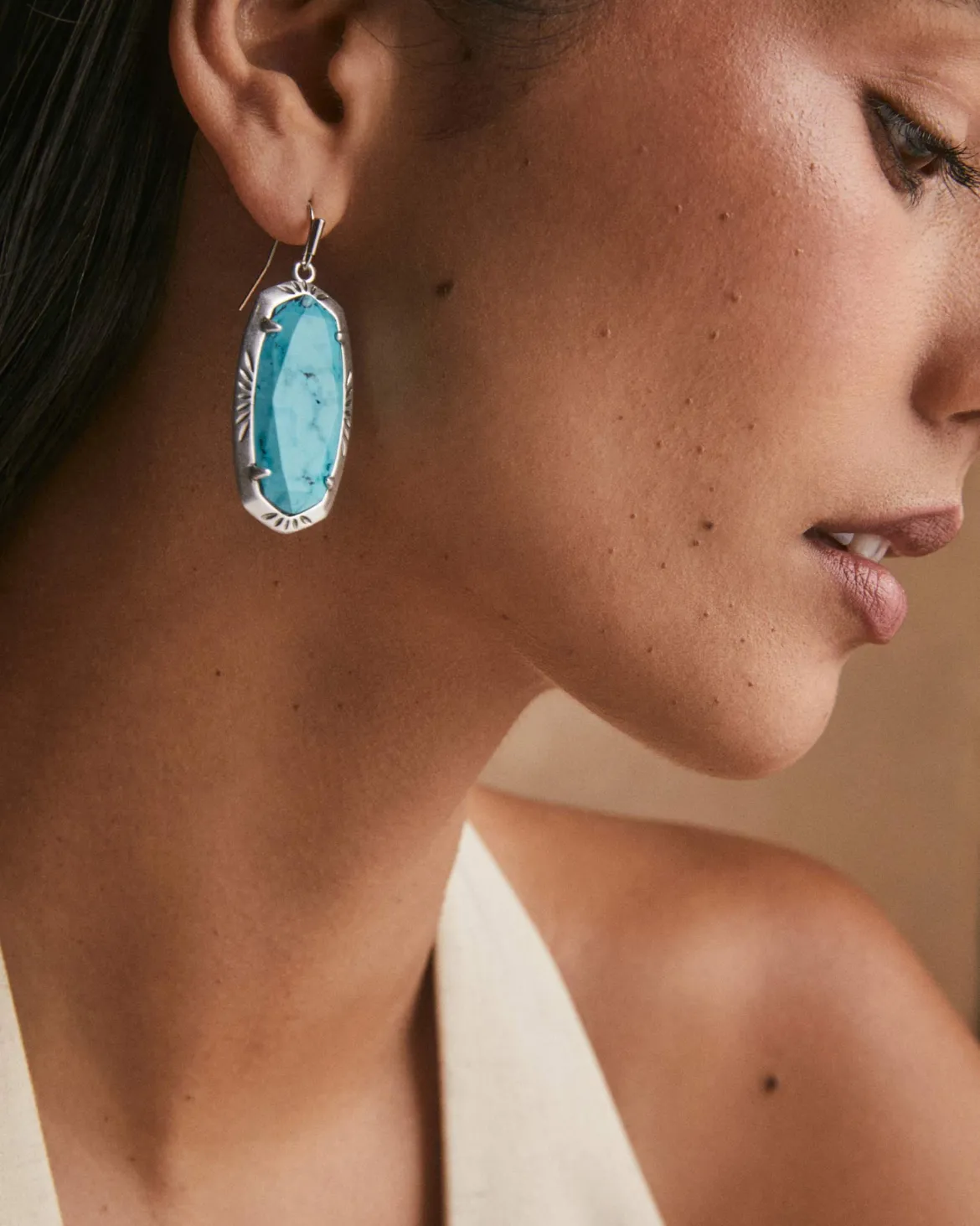 Elle Vintage Silver Etch Frame Drop Earrings in Variegated Turquoise Magnesite