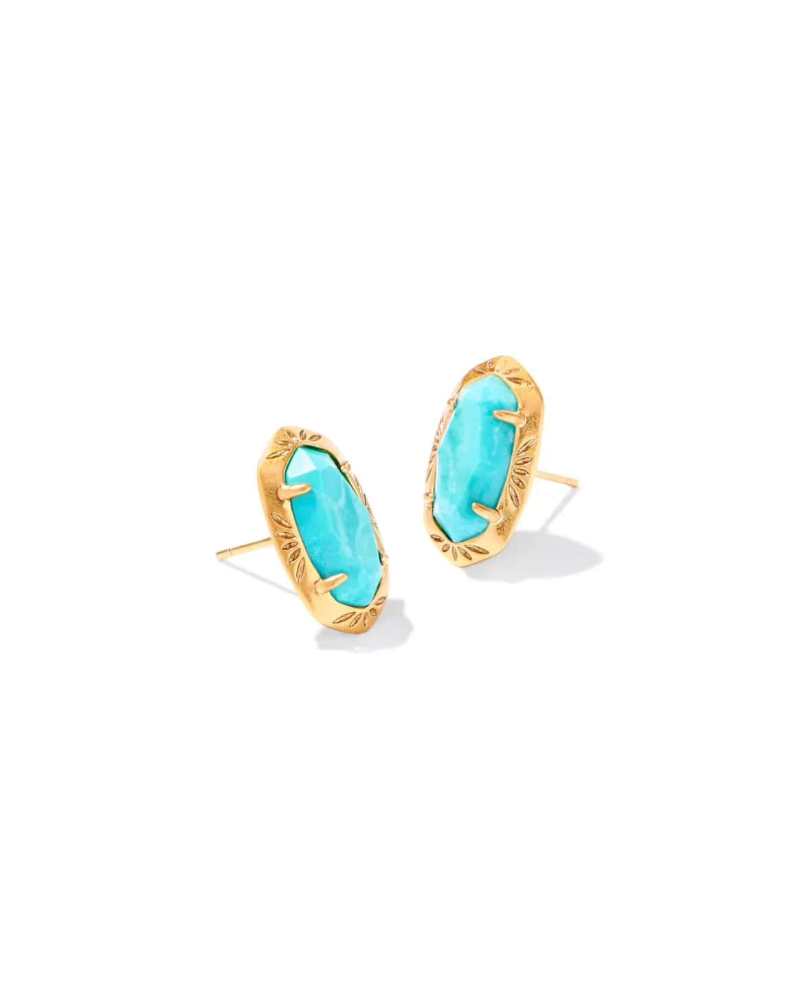 Ellie Vintage Gold Etch Frame Stud Earrings in Variegated Turquoise Magnesite