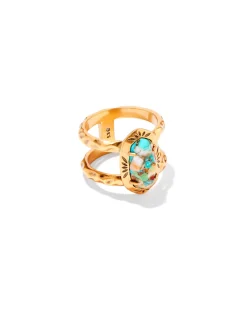 Elyse Vintage Gold Etch Frame Band Ring in Bronze Veined Turquoise Magnesite Red Oyster