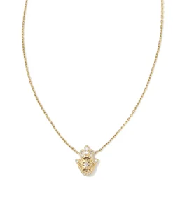 Hamsa 14k Yellow Gold Pendant Necklace in White Diamond