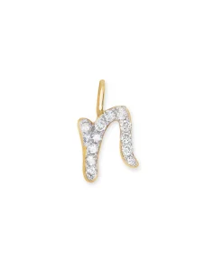 14k Yellow Gold Letter N Charm in White Diamond