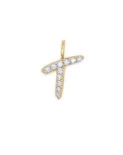 14k Yellow Gold Letter T Charm in White Diamond