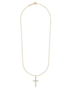 Large Cross 14k Yellow Gold Pendant Necklace in White Diamond