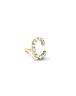 Letter C 14k Yellow Gold Single Stud Earring in White Diamond