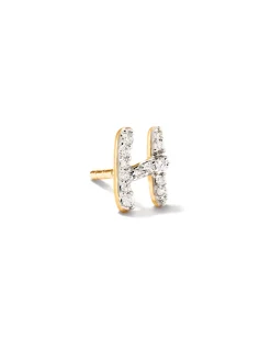 Letter H 14k Yellow Gold Single Stud Earring in White Diamond