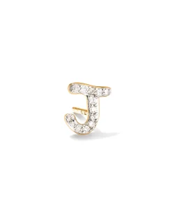 Letter J 14k Yellow Gold Single Stud Earring in White Diamond
