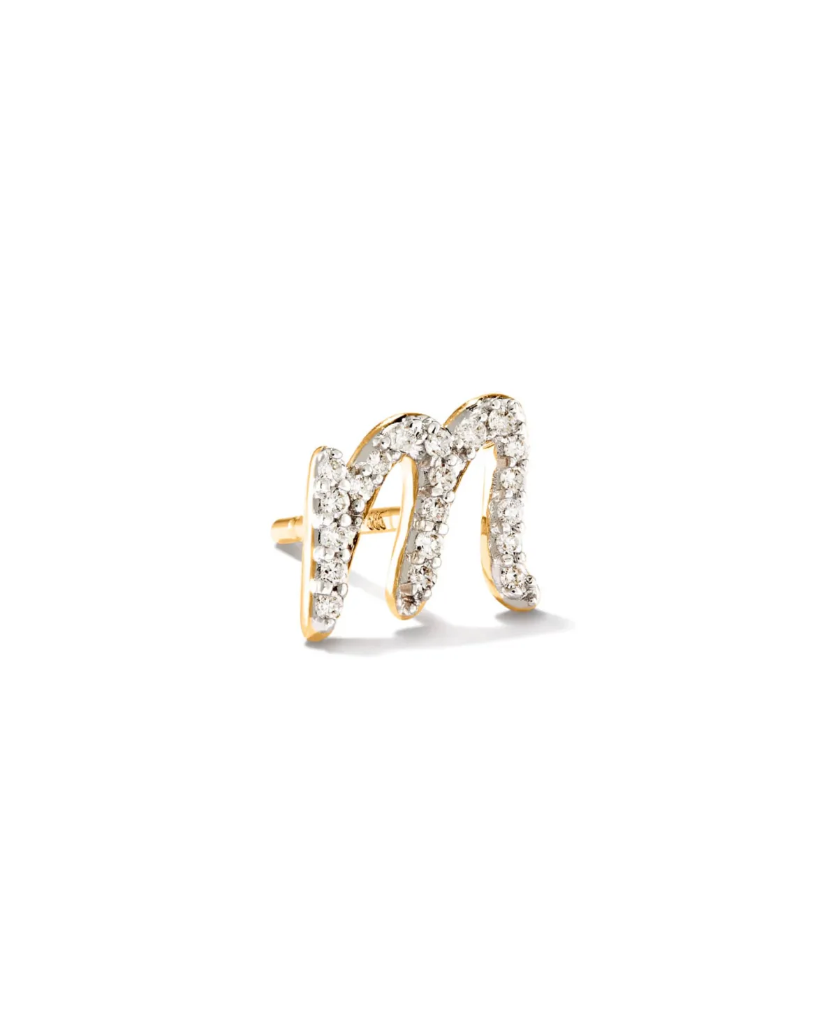 Letter M 14k Yellow Gold Single Stud Earring in White Diamond