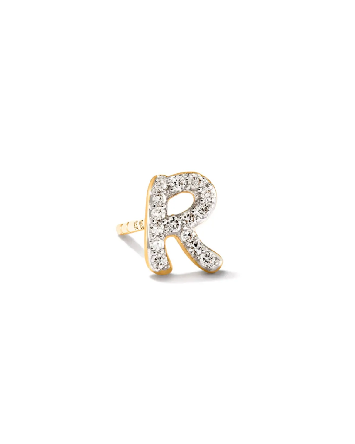 Letter R 14k Yellow Gold Single Stud Earring in White Diamond