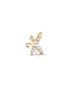 Letter X 14k Yellow Gold Single Stud Earring in White Diamond