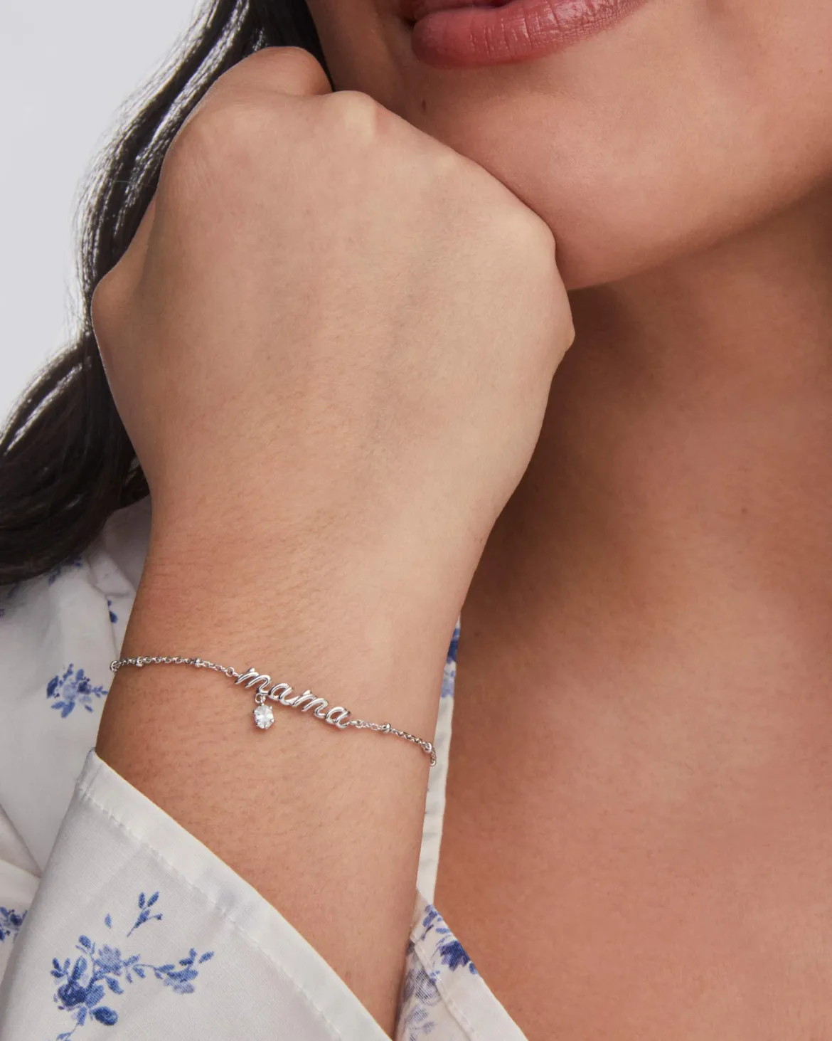Mama Silver Crystal Delicate Chain Bracelet