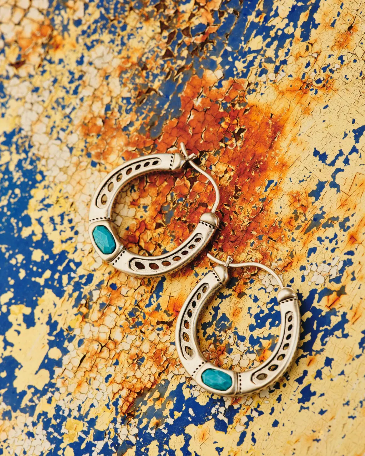 Noble Vintage Silver Horseshoe Hoop Earrings in Variegated Dark Teal Magnesite