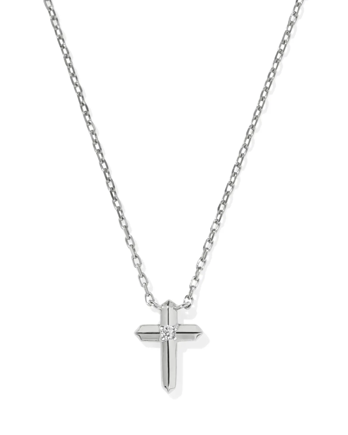 Tiny Cross 14k White Gold Pendant Necklace in White Diamond
