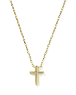 Tiny Cross 14k Yellow Gold Pendant Necklace in White Diamond